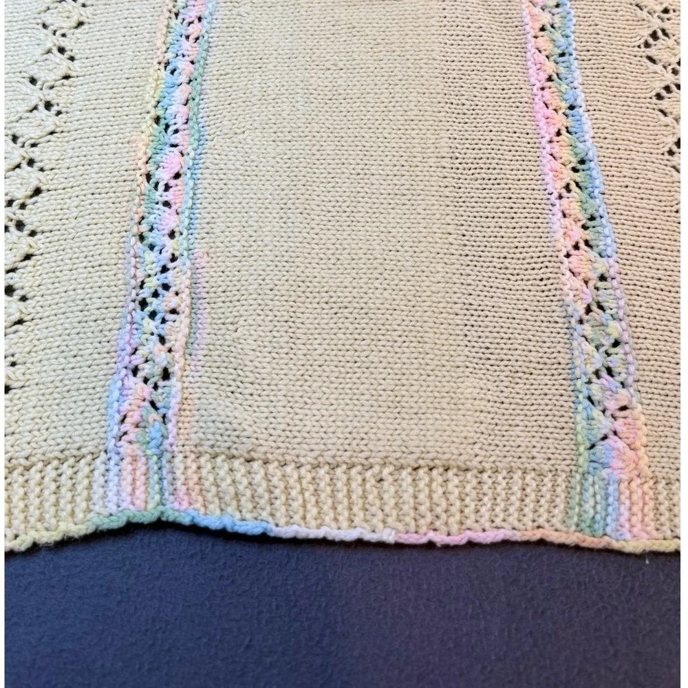 Vintage Handmade Pastel Yellow Knit Baby Blanket Rainbow Lace Trim 28x31‎